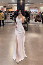 White off-the-shoulder waist-cinching slim-fit bodycon sexy slit-hem prom dress R7925
