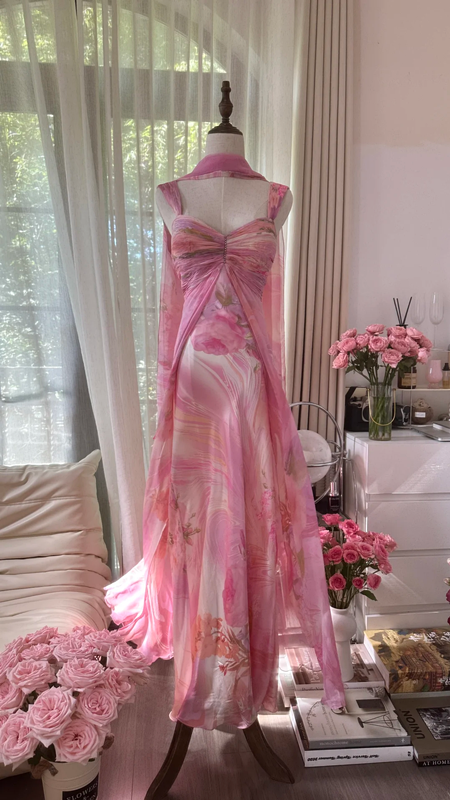 Light pink tie-dye halter-neck fitted backless sexy long ball gown R7765