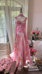 Light pink tie-dye halter-neck fitted backless sexy long ball gown R7765
