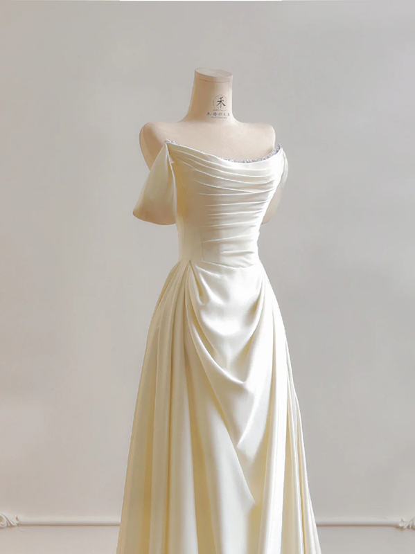 Light apricot off-the-shoulder, fitted waist, A-line skirt, long ball gown R8173