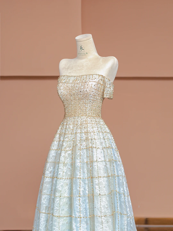 Light blue gradient strapless fitted long ball gown R8404