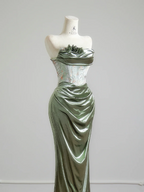 Gray-green strapless fitted waist bodycon long ball gown R8152