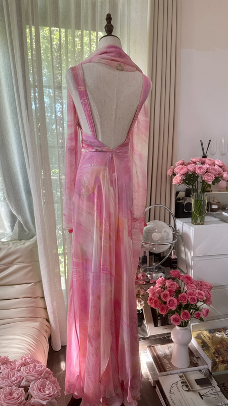 Light pink tie-dye halter-neck fitted backless sexy long ball gown R7765