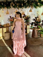 Classy Strapless Hot Pink Chiffon Ruffle Long Evening Dress Prom Gown With Ribbon