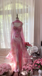 Light pink tie-dye halter-neck fitted backless sexy long ball gown R7765