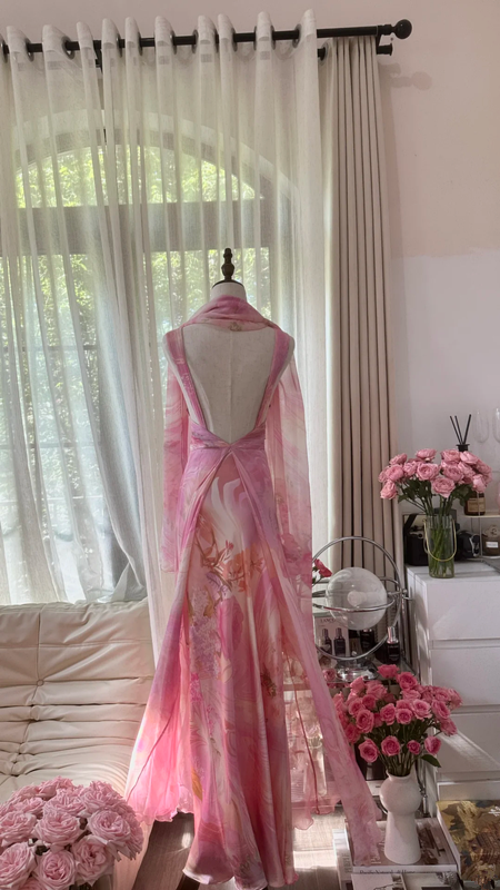 Light pink tie-dye halter-neck fitted backless sexy long ball gown R7765