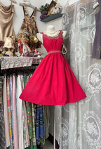 Red halter-neck, fitted waist, full skirt, short ball gown R7571