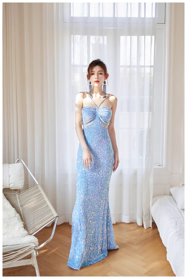 Glitter Blue Sequin Mermaid Long Wedding Guest Dress Formal Evening Dress Party Gown