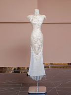 Light champagne-colored sleeveless, fitted ball gown/bridal dress with a Chinese neckline R8346