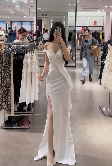 White off-the-shoulder waist-cinching slim-fit bodycon sexy slit-hem prom dress R7925