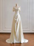 Light apricot off-the-shoulder, fitted waist, A-line skirt, long ball gown R8173