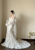 White strapless, waist-cinched, slim-fit, bodycon, floor-length elegant prom gown R7965
