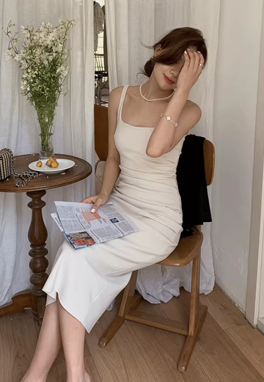 French sexy backless suspender dress slim fit high-end niche medium and long hip skirt R1449
