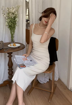 French sexy backless suspender dress slim fit high-end niche medium and long hip skirt R1449