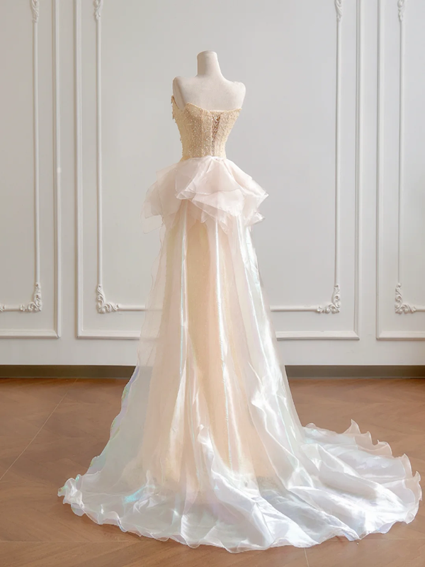 Light apricot strapless fitted waist bodycon long ball gown R8174