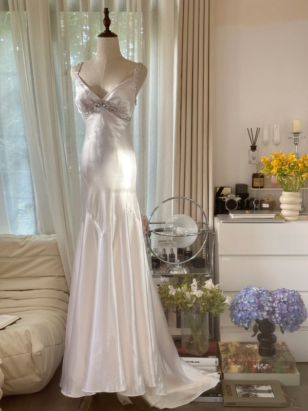 White halter-neck fitted backless sexy long ball gown R7766