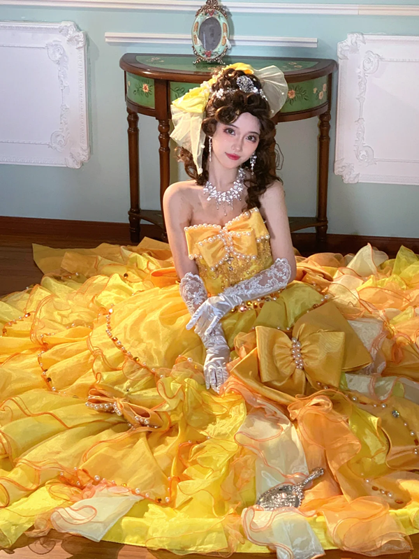 Yellow retro strapless waist-cinching elegant ball gown/bridal dress R7252