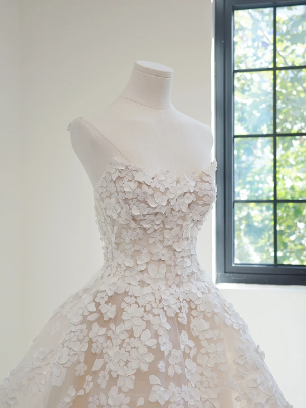 Off-white strapless floral appliqué fitted waist puff skirt long ball gown/bridal dress R8465