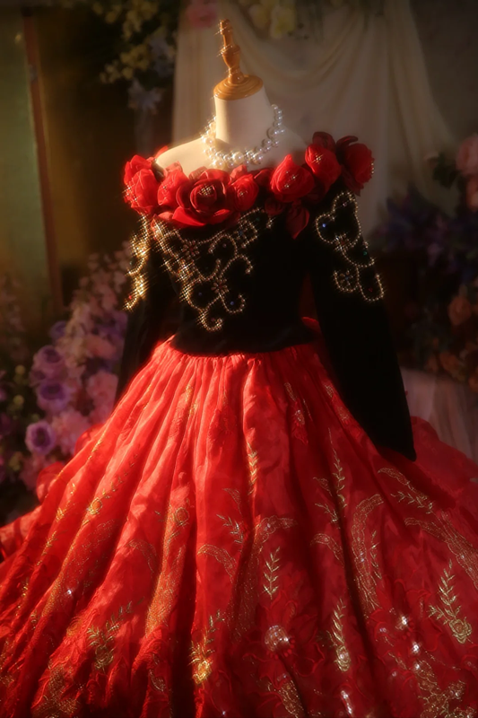 Red off-shoulder retro fitted waist ball gown/bridal dress R7272
