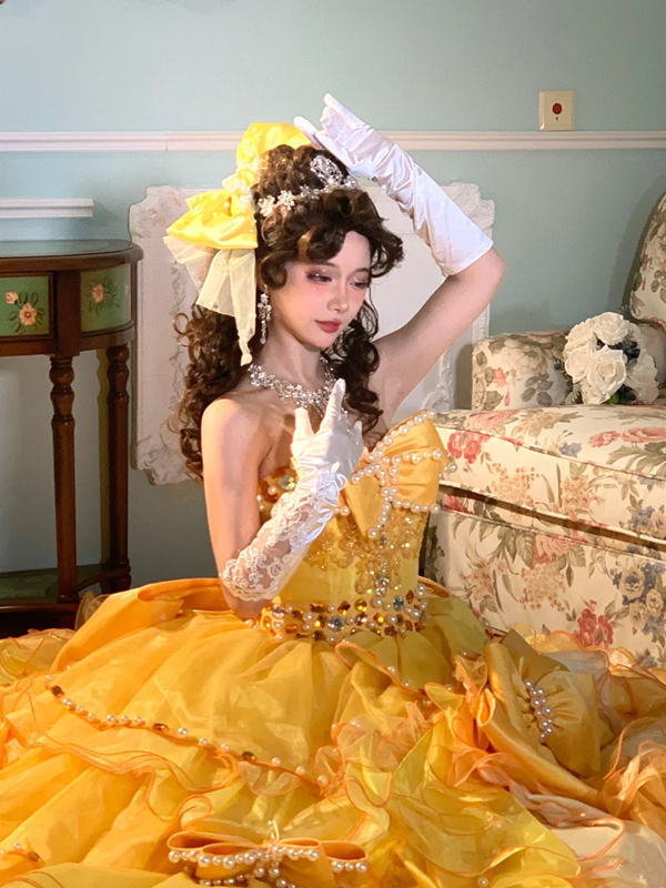 Yellow retro strapless waist-cinching elegant ball gown/bridal dress R7252