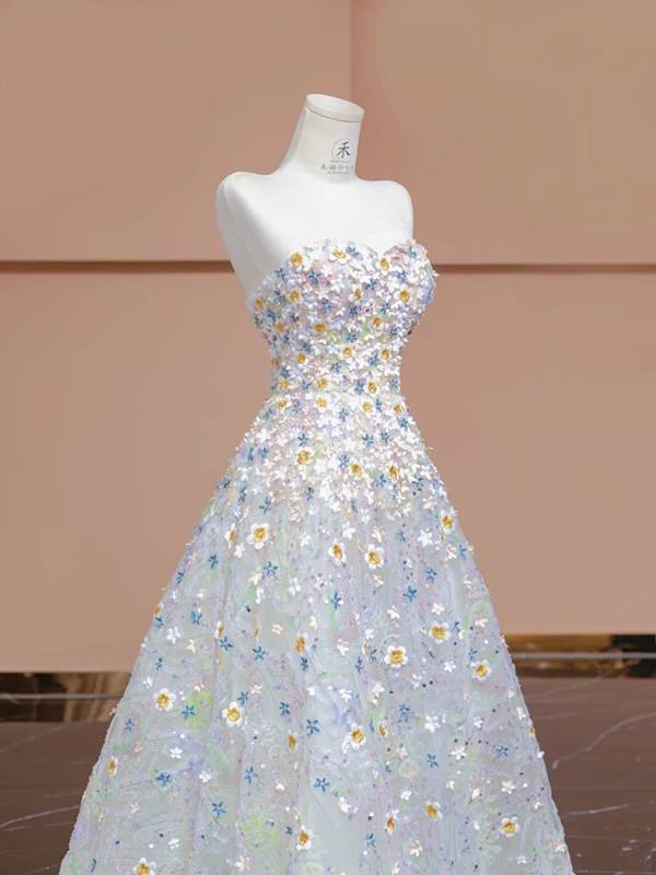 Light blue strapless fitted bodice with floral skirt, ball gown/bridal dress R8347