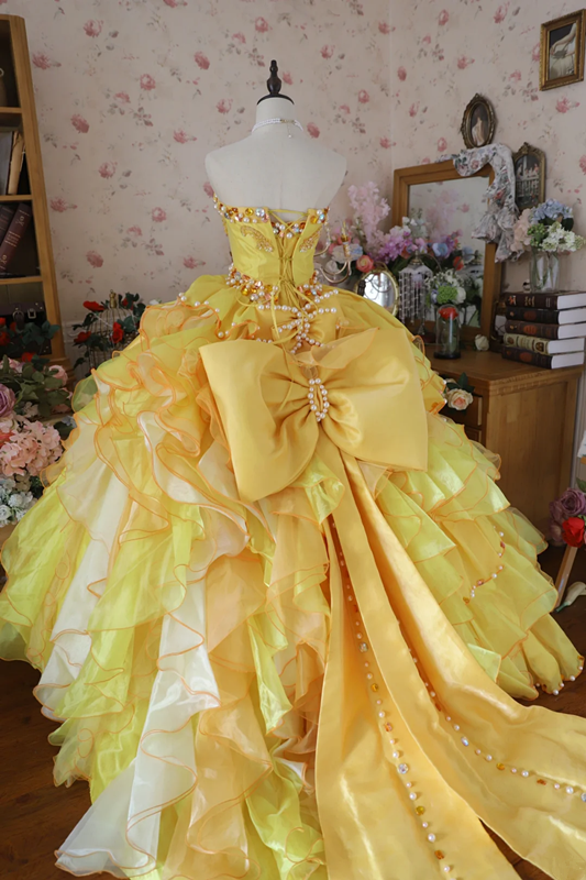 Yellow retro strapless waist-cinching elegant ball gown/bridal dress R7252