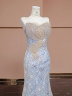 Light blue strapless, fitted, bodycon, sexy long rhinestone ball gown R8290