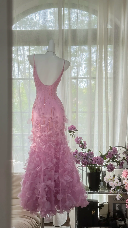 Light pink halter-neck fitted waist bodycon sexy long ball gown R7654