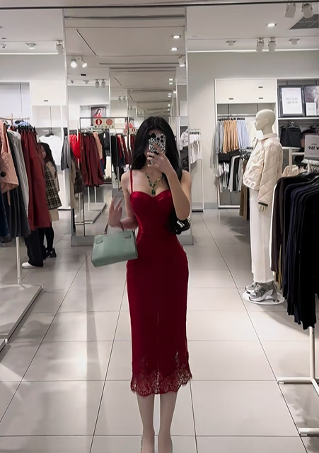 Red spaghetti strap waist-cinching slim-fit bodycon sexy prom dress R7926