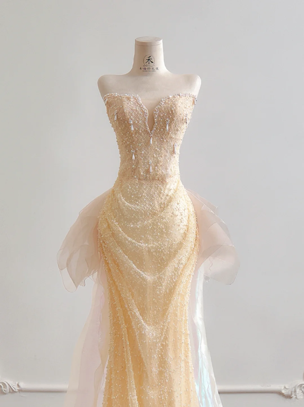 Light apricot strapless fitted waist bodycon long ball gown R8174