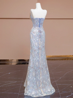 Light blue strapless, fitted, bodycon, sexy long rhinestone ball gown R8290