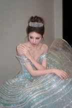 Light blue off-the-shoulder fitted bodice ball gown/bridal dress R8652