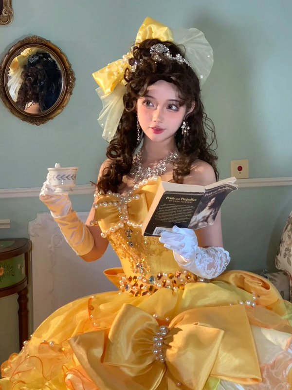 Yellow retro strapless waist-cinching elegant ball gown/bridal dress R7252