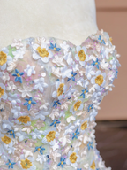 Light blue strapless fitted bodice with floral skirt, ball gown/bridal dress R8347