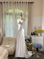 White halter-neck fitted backless sexy long ball gown R7766