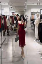 Red spaghetti strap waist-cinching slim-fit bodycon sexy prom dress R7926