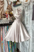 Light champagne halter neck fitted waist full skirt ball gown R7499