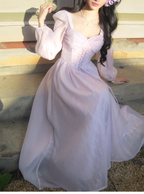 Sweet Lavender Tulle Lace A Line Long Party Dress Birthday Prom Dresses SP1500