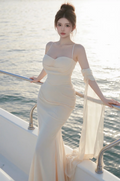 Light apricot halter-neck fitted waist slim hip sexy long ball gown R7540