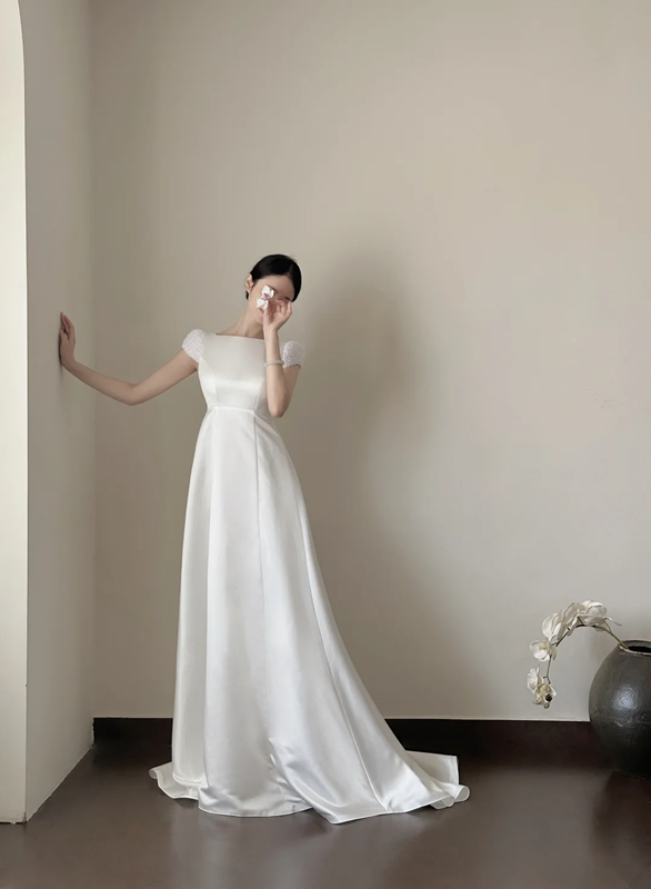 White high‑waist elegant long prom dress R7967