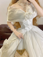 White Off-the-Shoulder Retro Elegant Waist-Cinched Puffy-Hem Ball Gown, Bridal Gown R7334