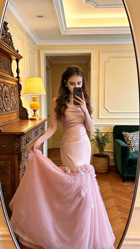 Pink strapless, fitted, bodycon, mermaid-style long ball gown/bridal dress R8593