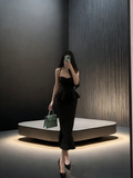 Black halter-neck fitted top and bodycon skirt set, a sexy ball gown R8046