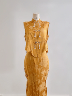 Gold sleeveless fitted waist bodycon skirt suit for prom dress R8175