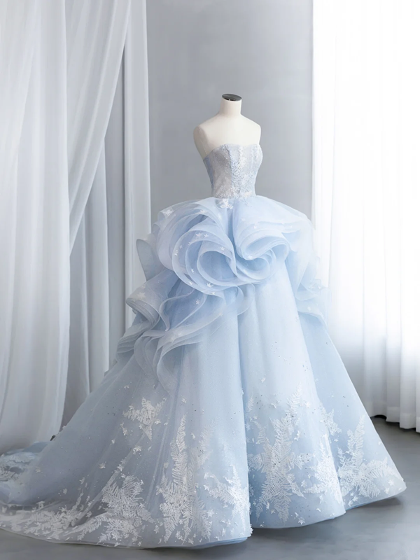 Light blue fitted waist elegant full skirt long ball gown R8436