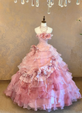 Pink floral strapless fitted waist princess skirt ball gown/bridal dress R7233