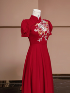 Red Chinese-style neckline, fitted waist, long ball gown/bridal dress R8319