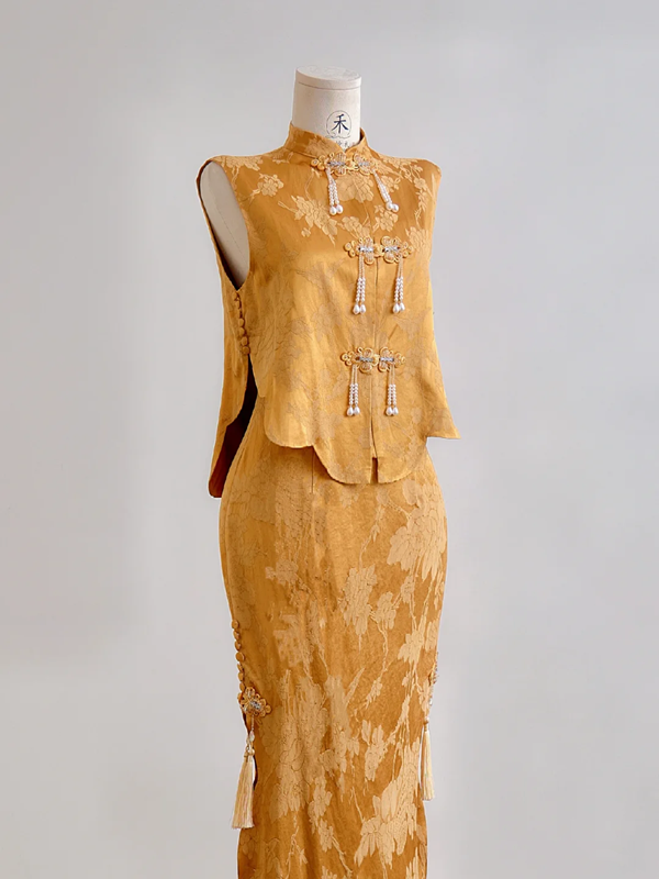 Gold sleeveless fitted waist bodycon skirt suit for prom dress R8175