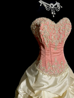 Light pink strapless fitted bodice and light apricot tutu skirt ball gown R8110