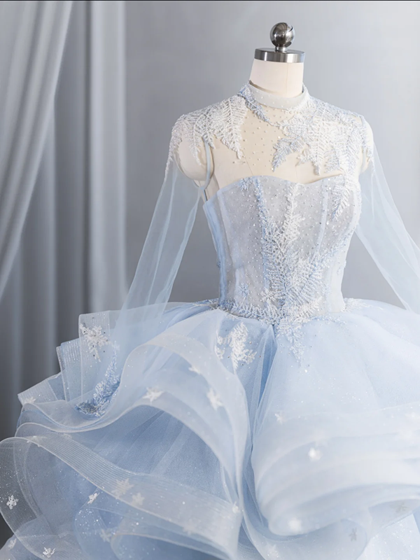 Light blue fitted waist elegant full skirt long ball gown R8436